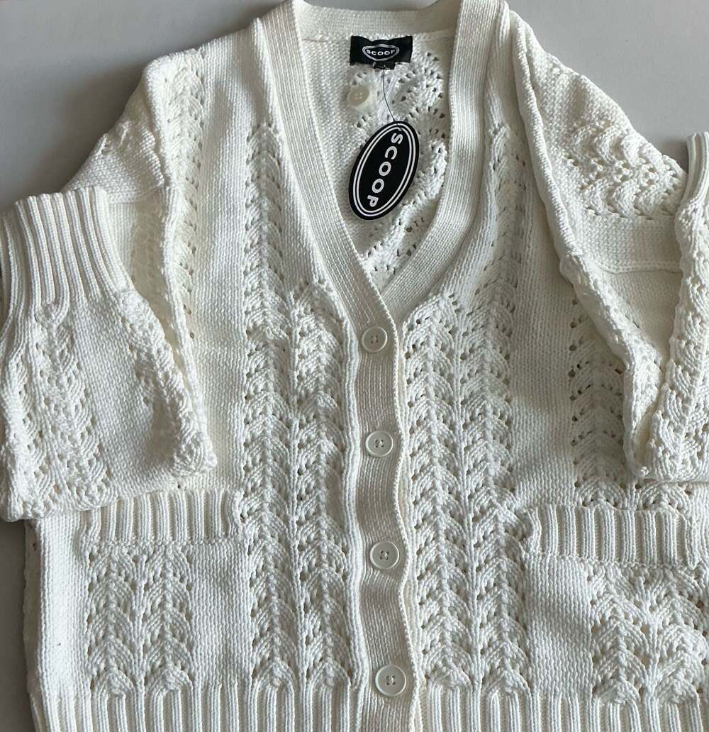 Scoop Women's V-Neck Pointelle Knit Cardigan Sweater with Pockets White
